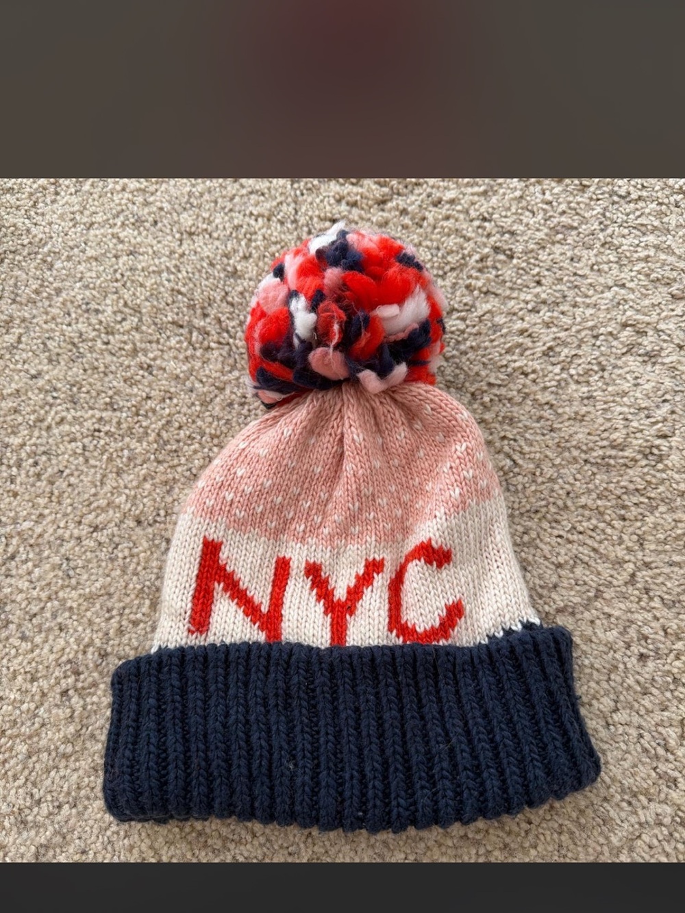 NYC Pom Pom Knit Beanie for Kids - Pink, White & Navy